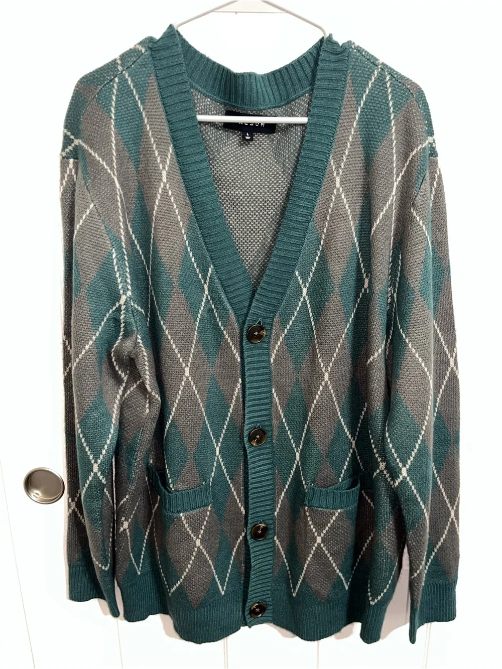 PacSun Teal and Gray Argyle Cardigan Sweater